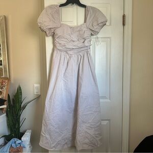 Charles Henry Striped Ruched Waist Midi Ballon Sleeve Square neck Dress